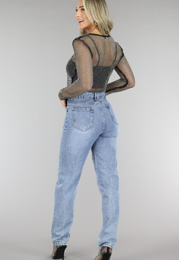 Zwarte Longsleeve Fishnet Strass Top