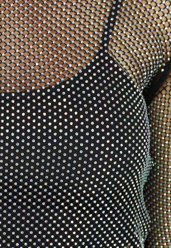 Zwarte Longsleeve Fishnet Strass Top