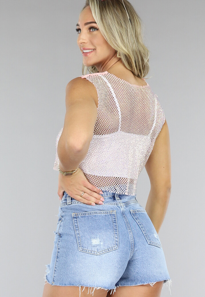 Lichtroze Fishnet Glitter Tank Top