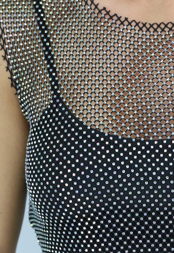 Zwarte Fishnet Glitter Tank Top