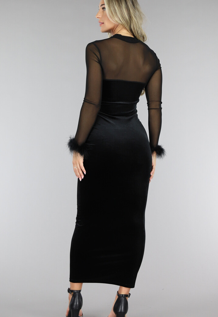 Zwarte Velvet Korset Look Jurk met Veren