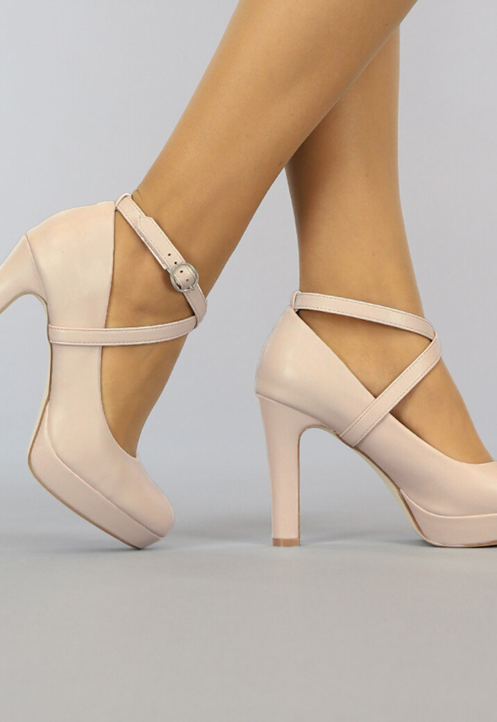 Beige Lederlook Pumps met Enkelbandje