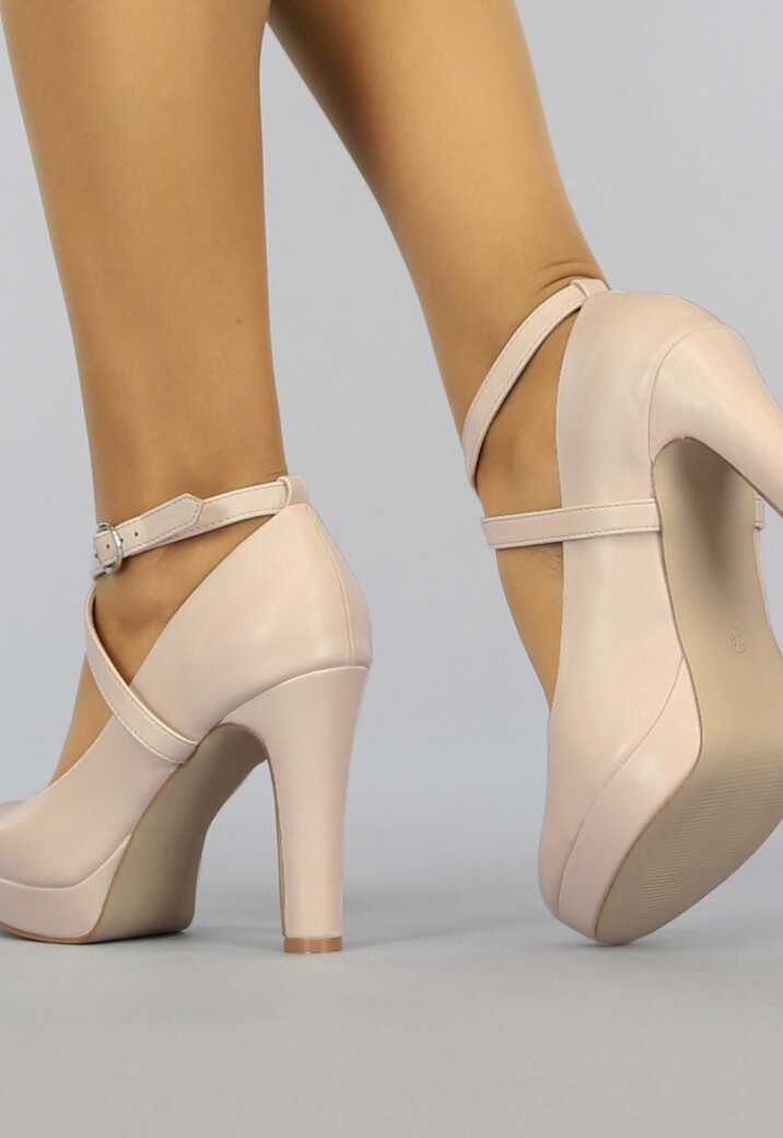 Beige Lederlook Pumps met Enkelbandje