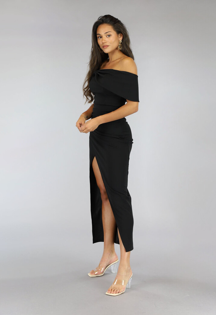 Lange Zwarte Off Shoulder Galajurk met Split