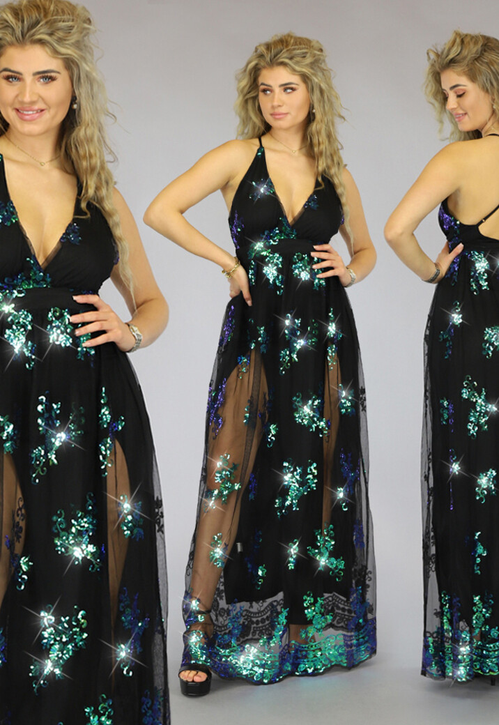 Zwart/Groene Pailletten Jurk met Dubbele Split