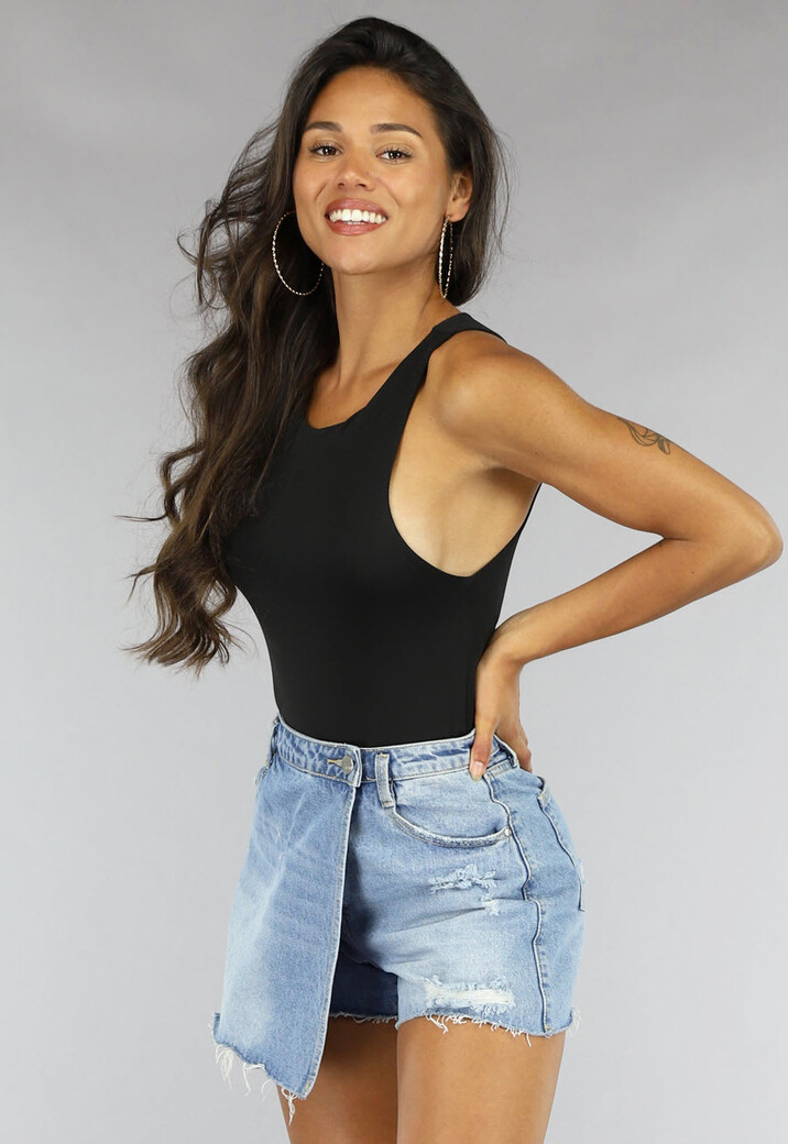 Zwarte Bodysuit van Stretch Stof met Hoge Kraag