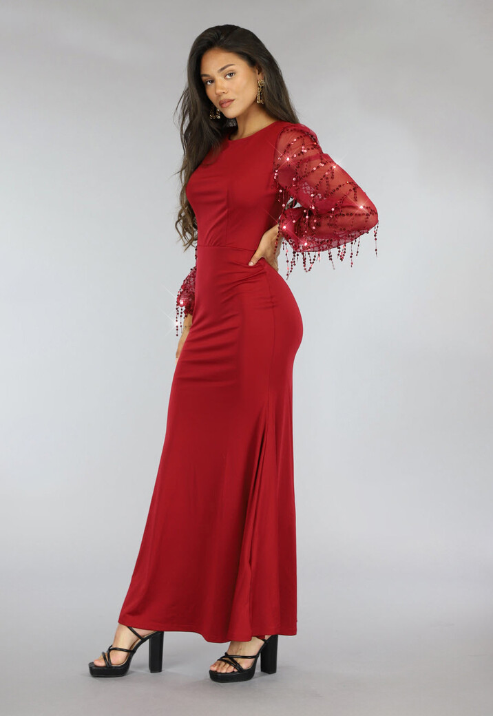 Rode Galajurk met Mesh Mouwen en Pailletten