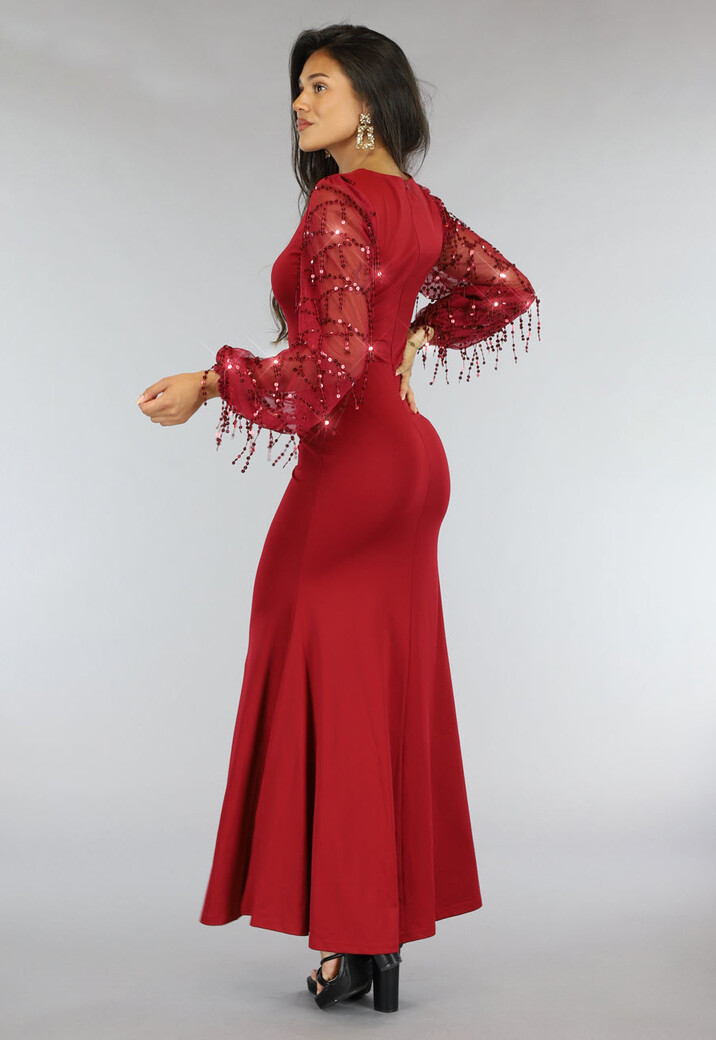 Rode Galajurk met Mesh Mouwen en Pailletten