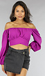 Paars Off Shoulder Topje met Pofmouwen