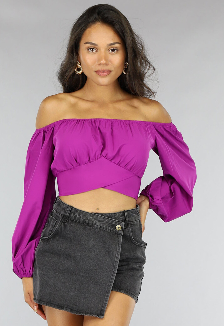 Paars Off Shoulder Topje met Pofmouwen