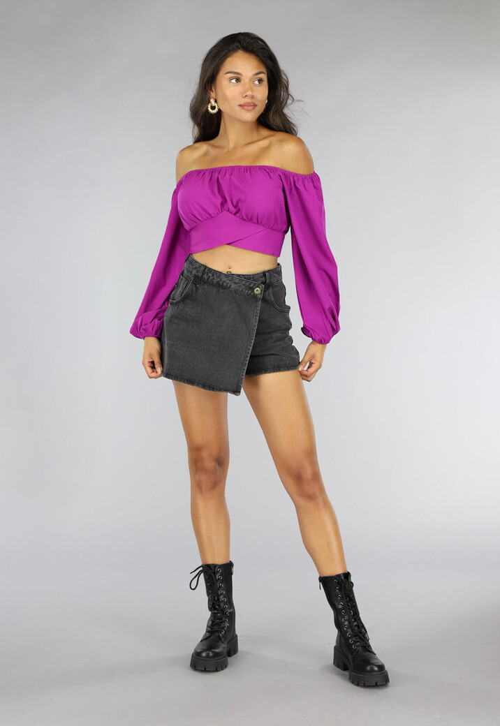 Paars Off Shoulder Topje met Pofmouwen