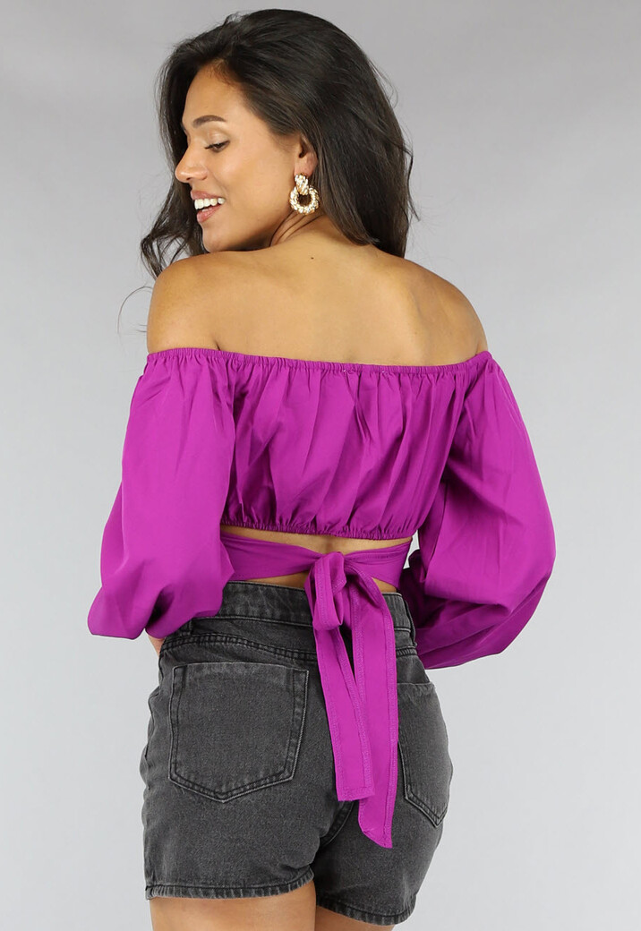 Paars Off Shoulder Topje met Pofmouwen