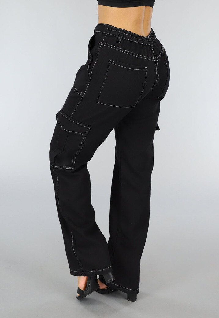 Tall Zwarte Baggy Cargo Broek met Witte Stiknaden
