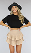 Beige High Waist Broekrokje met Gesmokte Taille