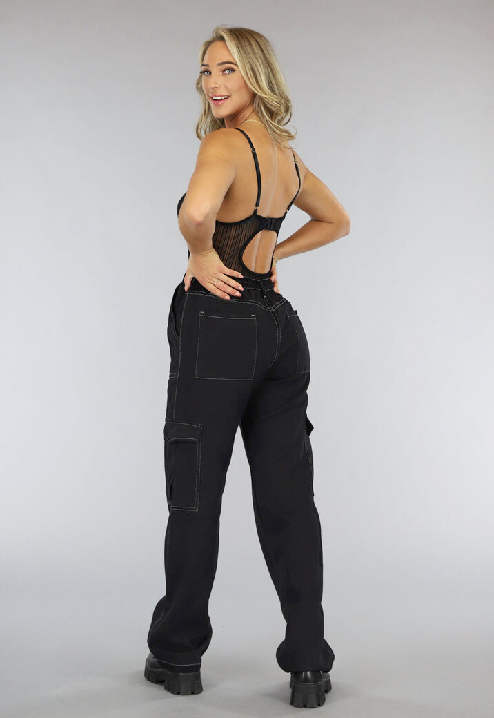 Tall Zwarte Baggy Cargo Broek met Witte Stiknaden