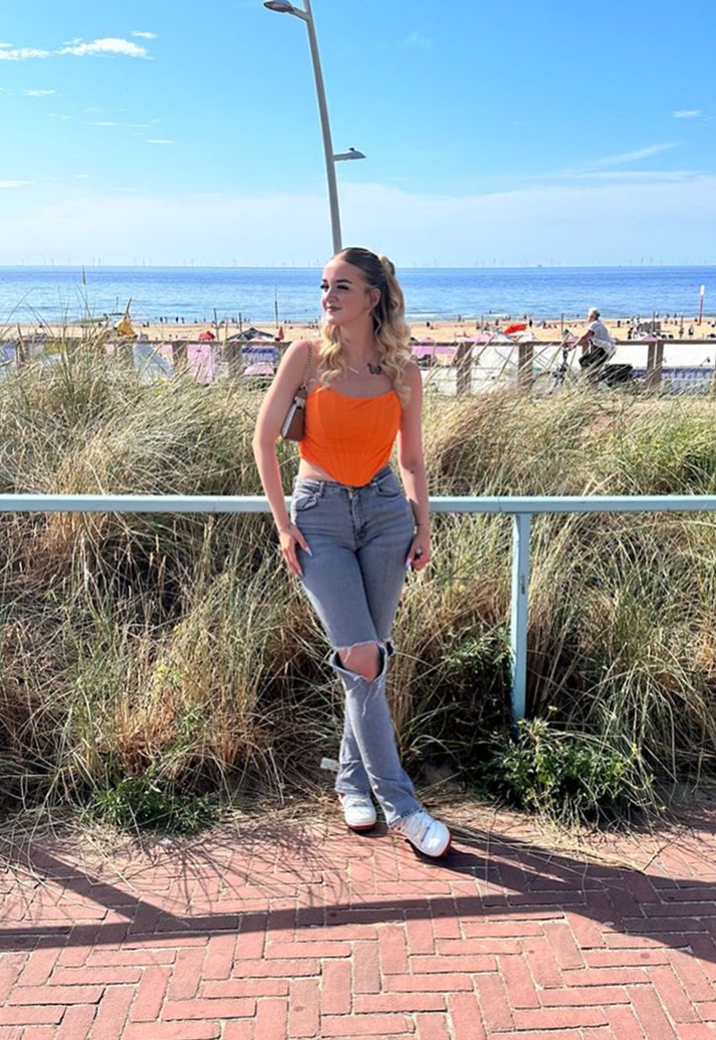 Oranje Mesh Korset Top  met Gedrapeerd Detail