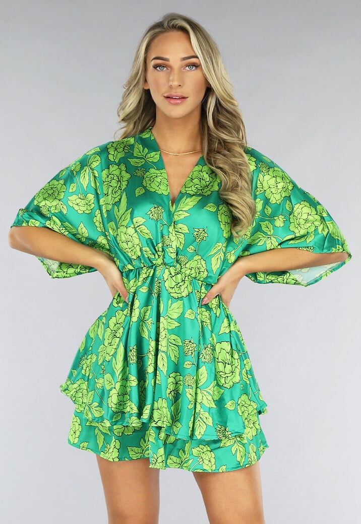 Groene Satin Bloemen Overslag Jurk