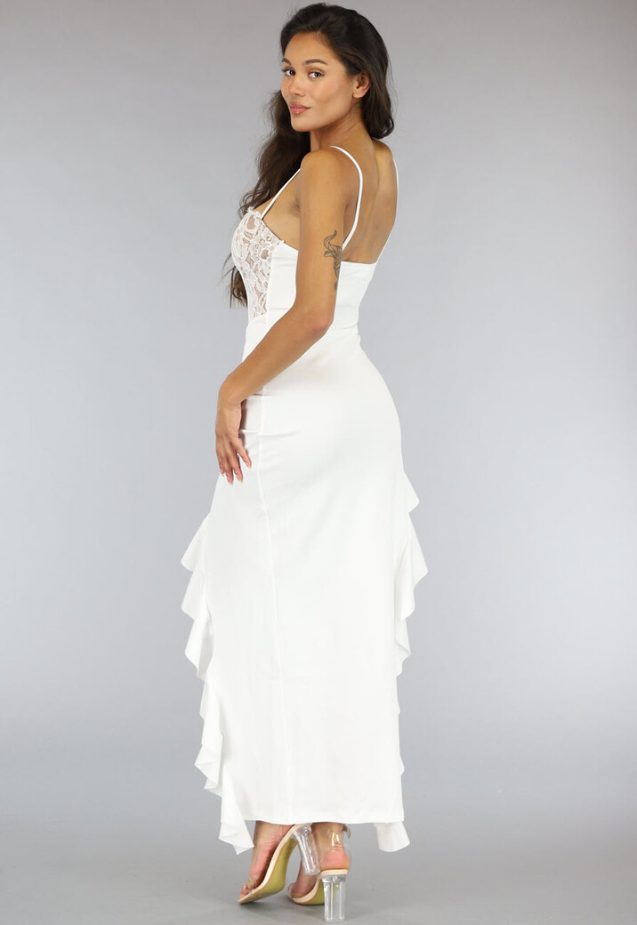 Witte Ruffle Jurk met Kanten Bovenstuk