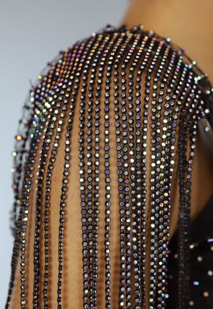 Zwarte Fishnet Strass Jurk met Schouder Pieces