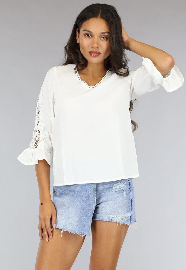 Witte Losse Blouse met Gehaakte Mouwen