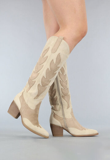 NEW2607 Beige Cowboy Laarzen met Bruine Opdruk