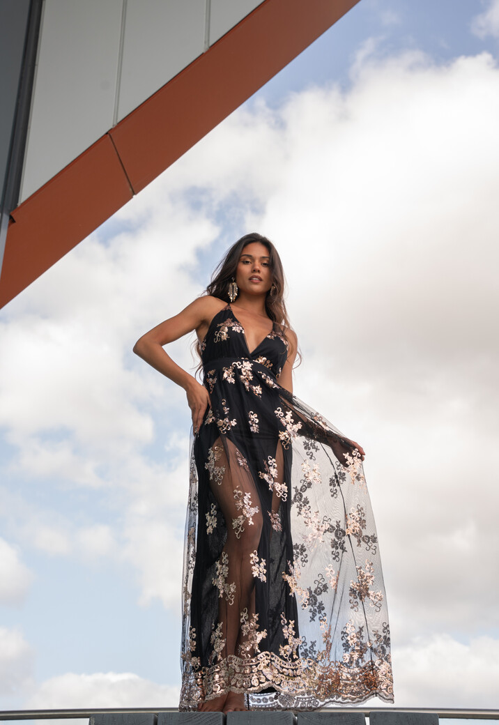 Zwart/Rosé Pailletten Jurk met Dubbele Spli