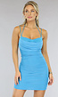 Geplooide Blauwe Bodycon Jurk met Gedrapeerd Detail