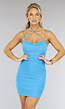 Geplooide Blauwe Bodycon Jurk met Gedrapeerd Detail