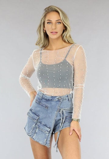 NEW1207 Witte Mesh Parel Top