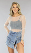 Witte Mesh Parel Top met Lange Mouwen