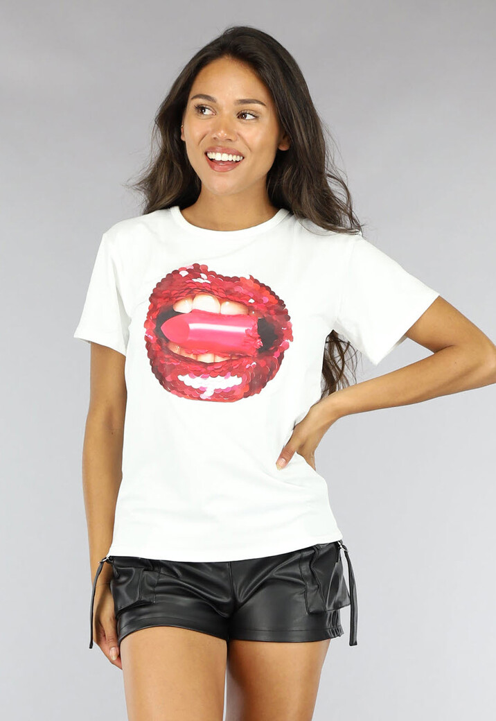 Wit T-Shirt met Lips Opdruk