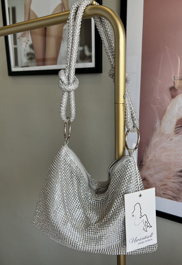 Zilveren Strass Schoudertas met Geknoopte Band
