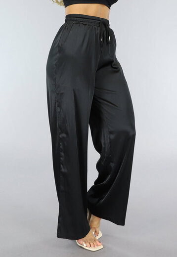 NEW0507 Satin Zwarte Straight Leg Broek