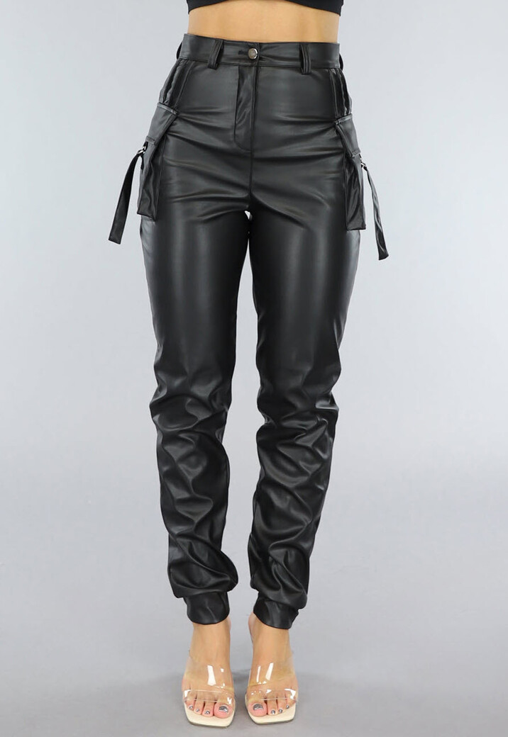 Lange Zwarte Lederlook Cargo Broek