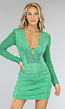 Groene Longsleeve Glitter Jurk met Strass Steentjes en Uitsnede