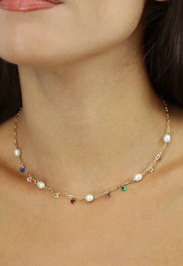 OP=OP.14.AV Gouden Ketting met Multicolor Steentjes