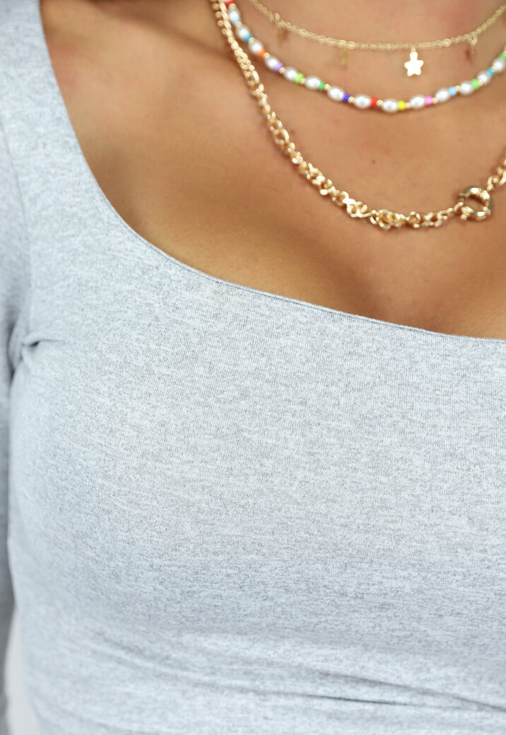 Grijs Longsleeve Topje met Vierkante Hals