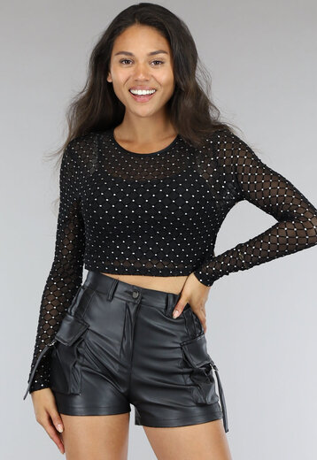Zwarte Mesh Top met Glitter Steentjes Uwantisell