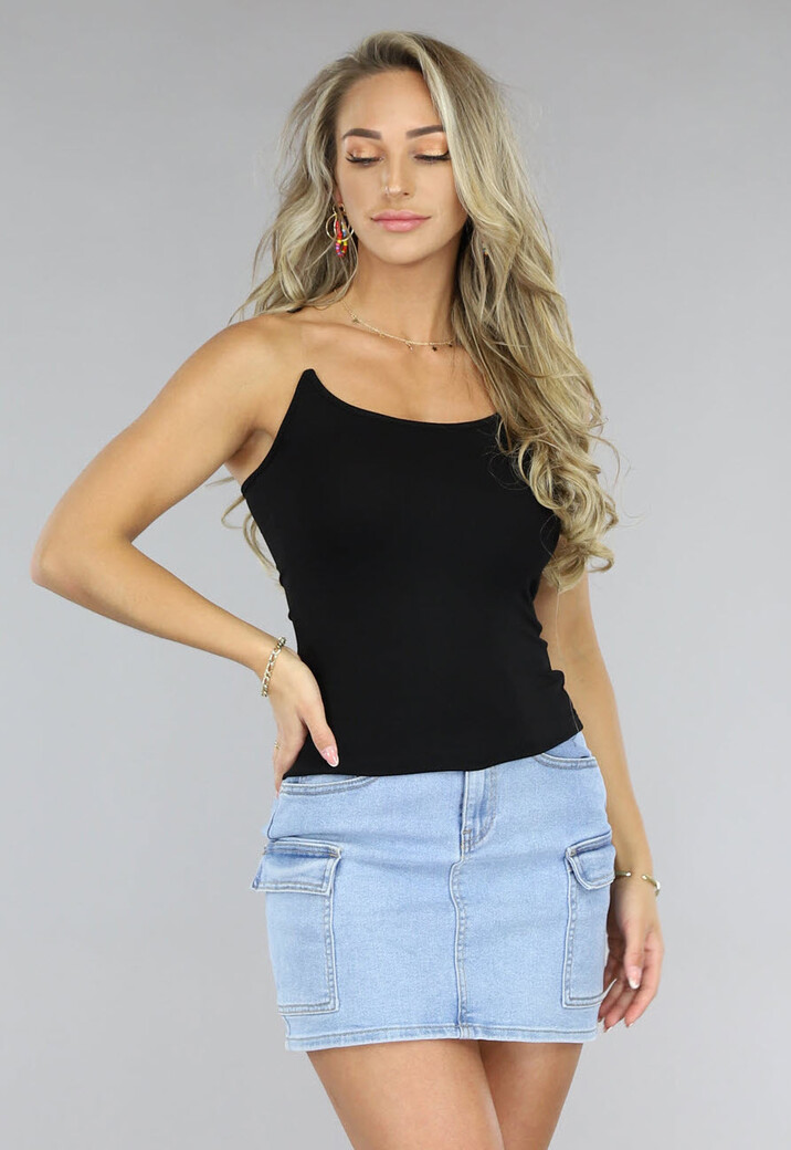 Zwarte Rib Top met Transparante Bandjes