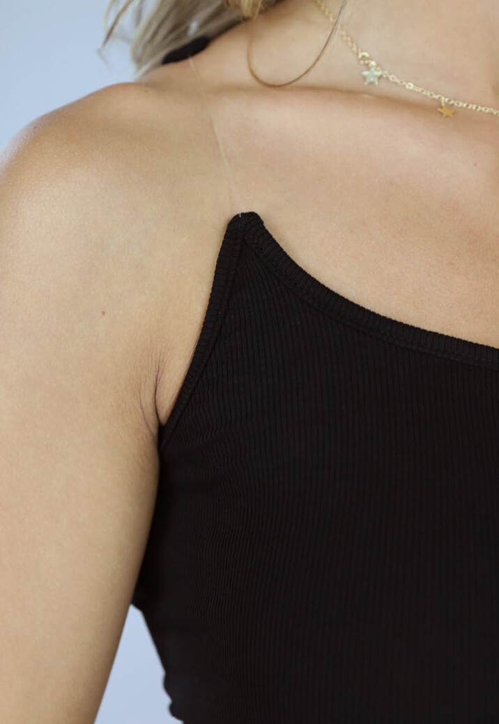 Zwarte Rib Top met Transparante Bandjes