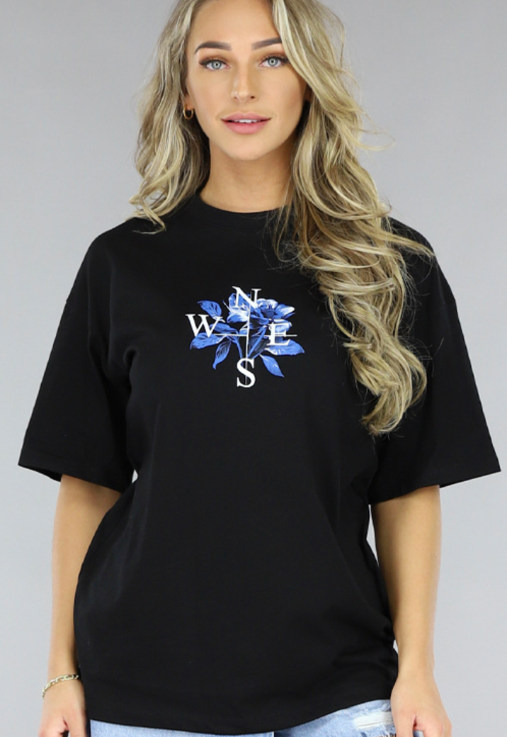 Zwart T-Shirt met Rozen Print