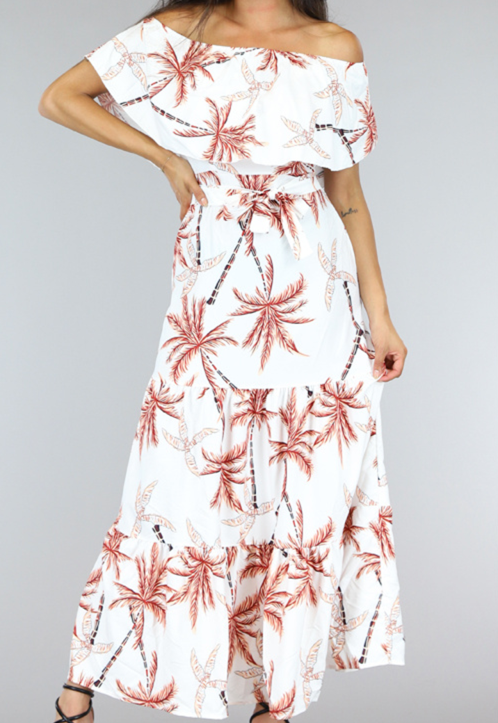 Off Shoulder Maxi Jurk met Palmboom Print