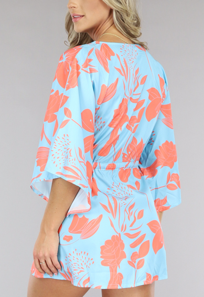 Lichtblauwe Satin Jurk met Bloemen Print