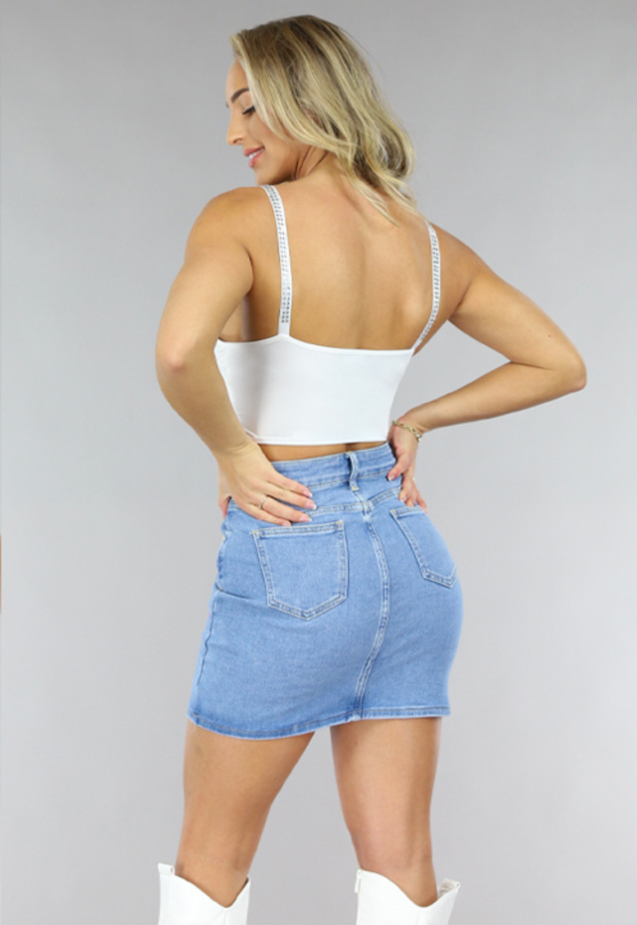 Witte Kanten Crop Top met Glitter Steentjes