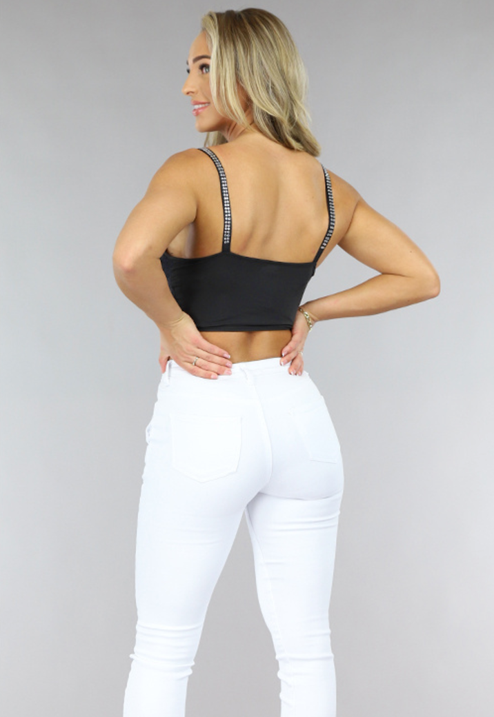 Zwarte Kanten Crop Top met Glitter Steentjes