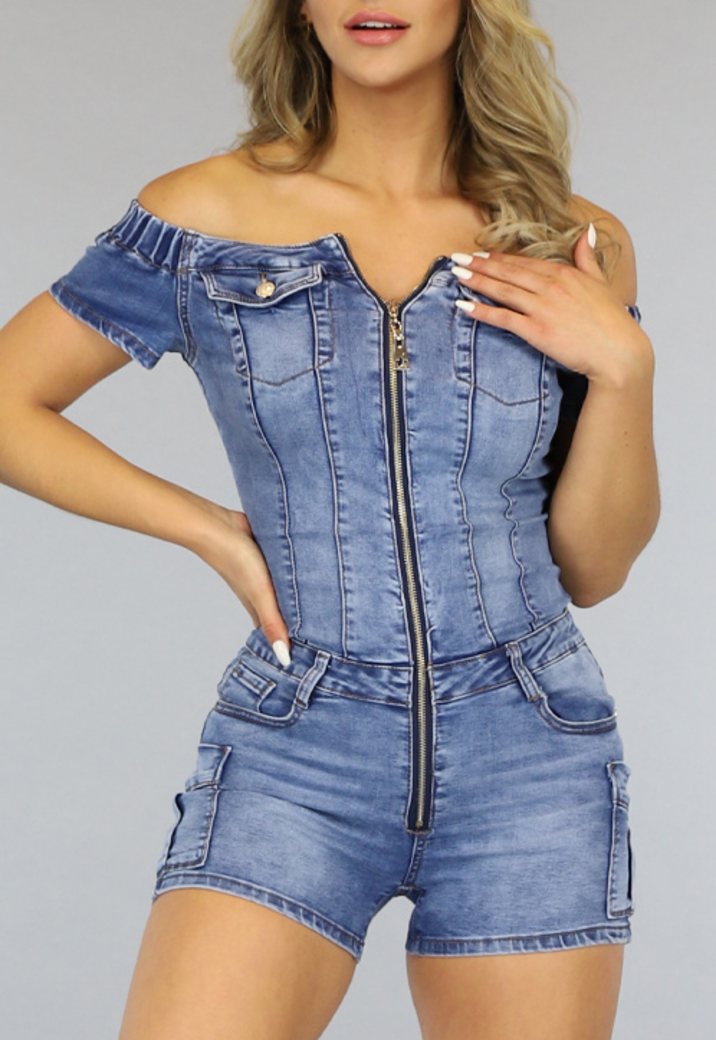 Off-Shoulder Jeans Playsuit  met Rits