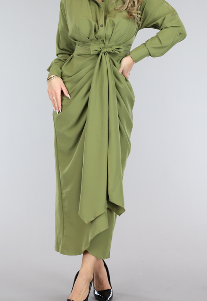 Groene Loose-Fit Gedrapeerde Jurk met Strikdetail