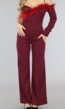 Bordeaux Rode One Sleeve Glitter Jumpsuit met Veren