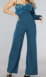 Blauwe One Sleeve Glitter Jumpsuit met Veren