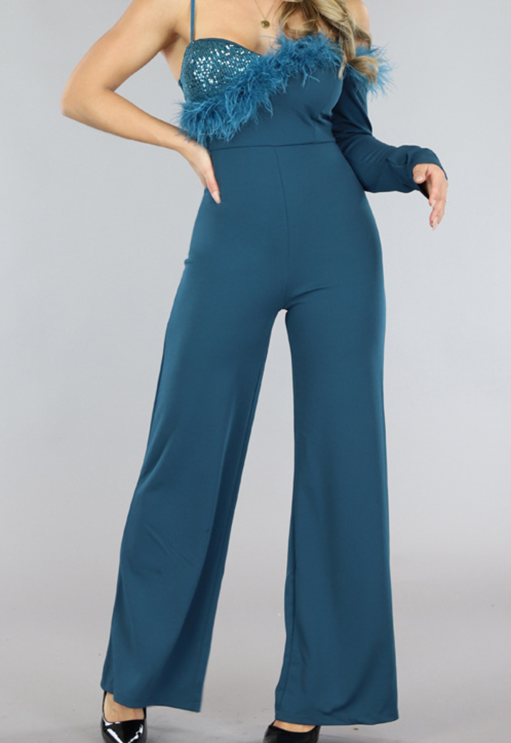 Blauwe One Sleeve Glitter Jumpsuit met Veren